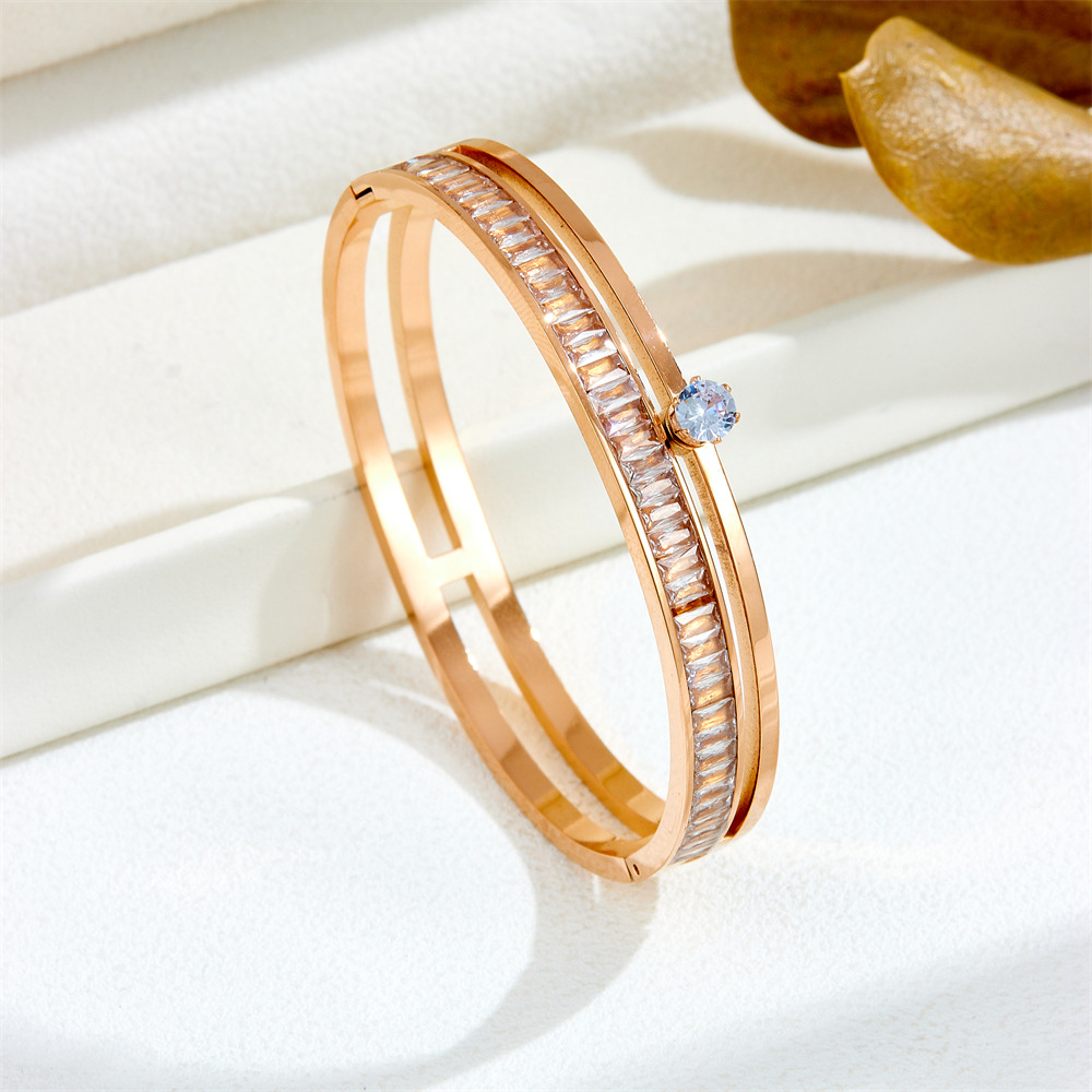 Gold Tone Luxury Jewelry Stainless Steel Cuff For Women and Men Silver Color Couple Bracelets Green White Rhinestone Wide Bangle Full Diamond Bracelet - view 6