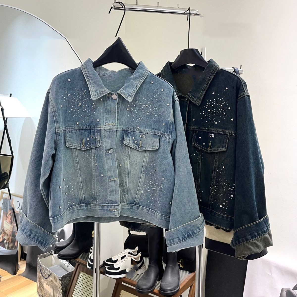 Women spring autumn fashion designer logo letter rhinestone gem crystal patchwork denim jeans short jackets coats SML