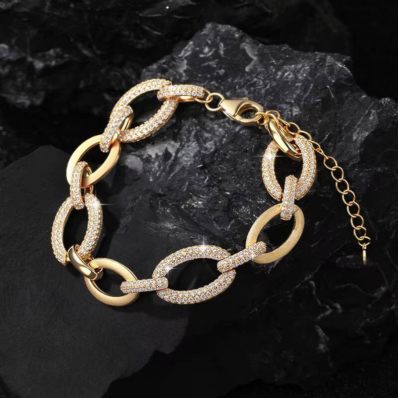 Punk Style Chain S925 Sterling Silver 14k Gold Plated Paper Clip Ring Inlaid Moissanite Bracelet for Women Jewelry Gift