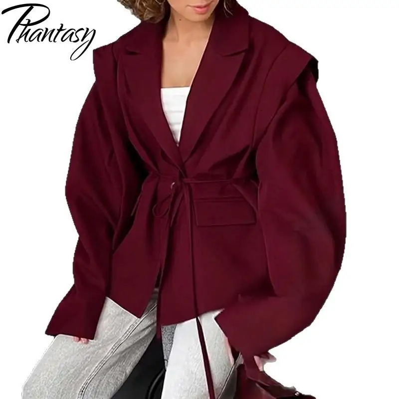 Phantasy Elegant Waist LaceUp Shoulder Padded Suit Jacket Womens HighEnd Sense Pure Color Casual Style 250906