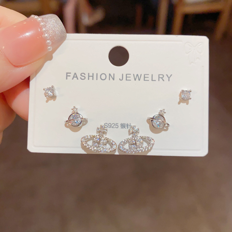 Luxury Brand Designer Jewelry S925 Silver Needle Micro Pave Zircon Saturn Three-Piece Earring Set For Women, Exquisite Fashion Versatile Super Sparkli