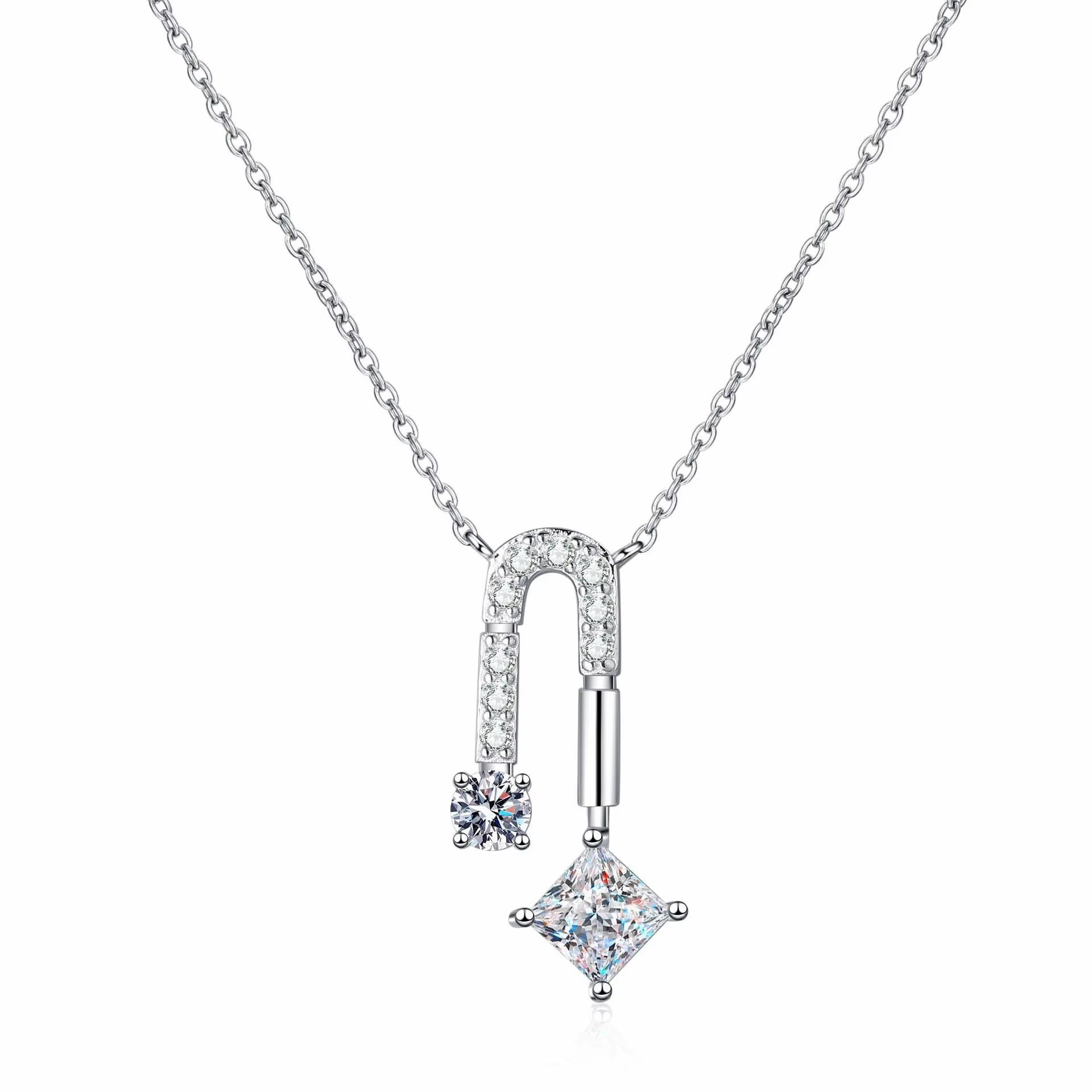 MT S925 Sterling Silver Necklace, Fashion Jewelry Chain with Luxurious Diamond Charm Pendant, Women's Silver Necklace