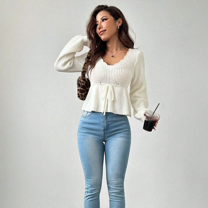 Designer Clothing Women's Lantern Sleeve Drawstring Knitted Sweater