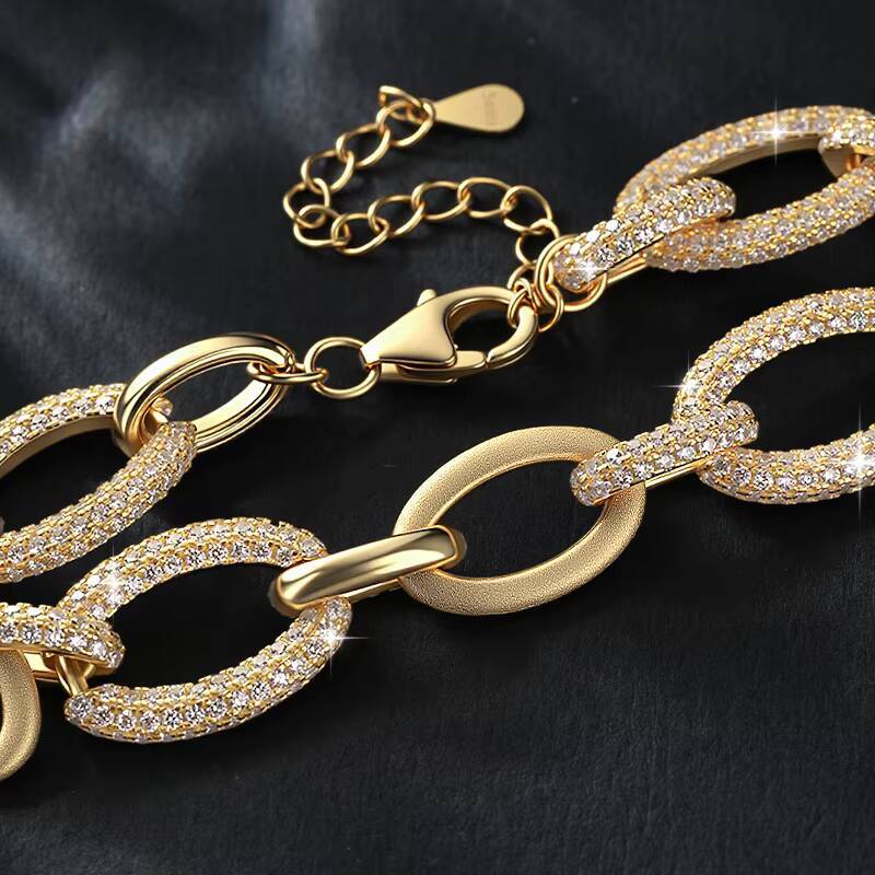 Punk Style Chain S925 Sterling Silver 14k Gold Plated Paper Clip Ring Inlaid Moissanite Bracelet for Women Jewelry Gift