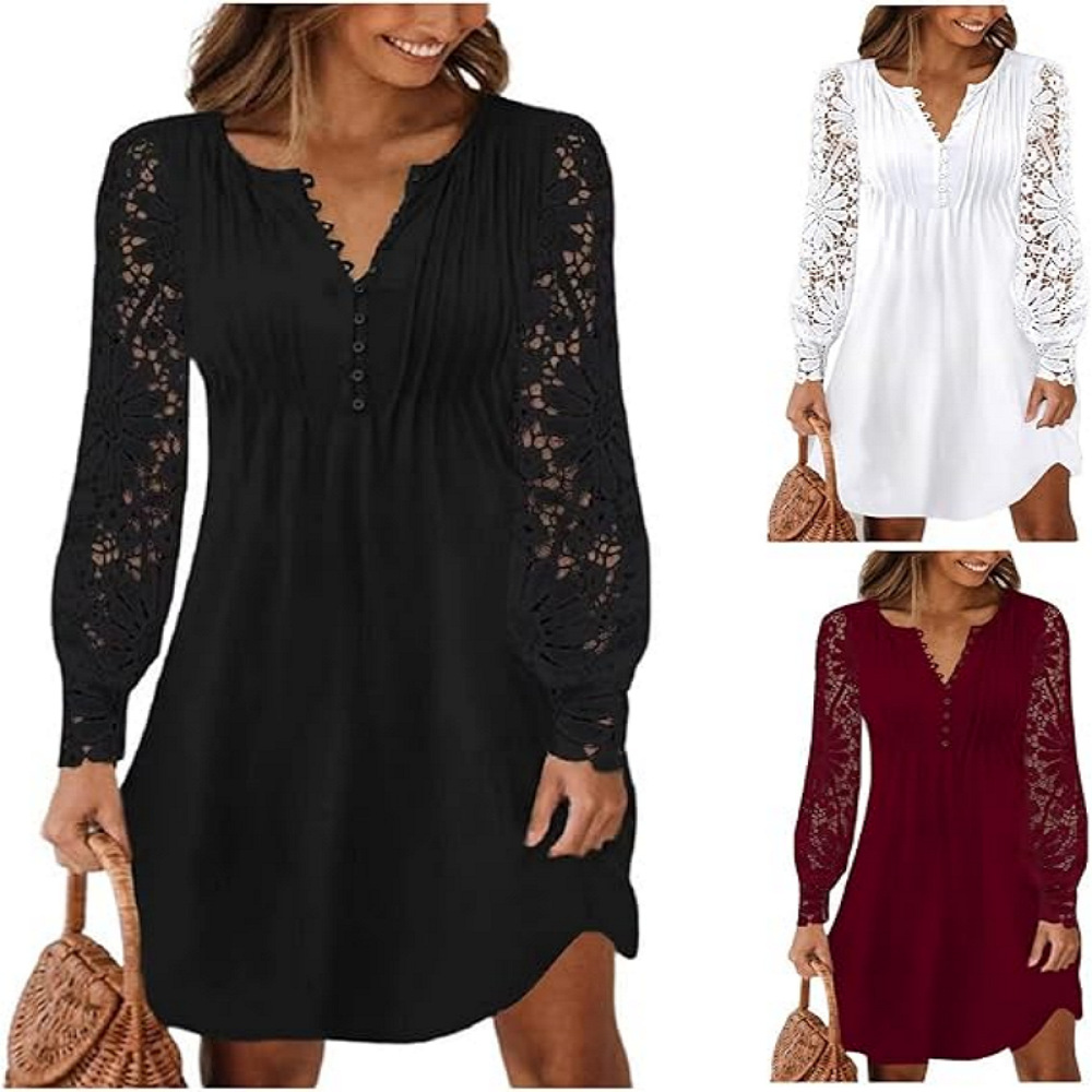 K91European and American plus size women's new casual lace splicing solid color dress