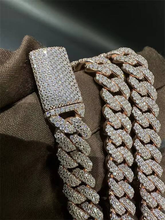 Merchant Direct Sales Vvs Moissanite 925 Pure Silver Plated With 18k Rose Gold Curling Iron Cuban Chain 10mm22 Inches