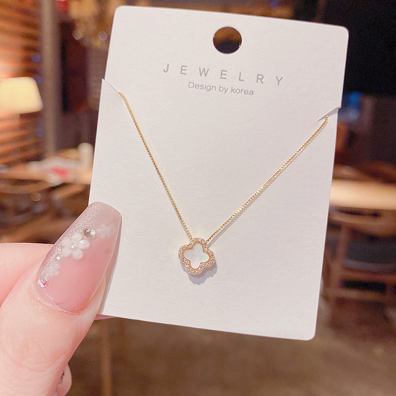 Luxury Brand Designer Jewelry Korean Style Versatile Micro-Inlaid Shell Four-Leaf Flower Necklace For Women, Unique Fashionable High-End Clavicle Chai