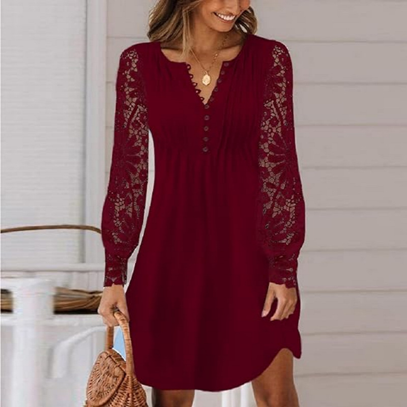 K91European and American plus size women's new casual lace splicing solid color dress