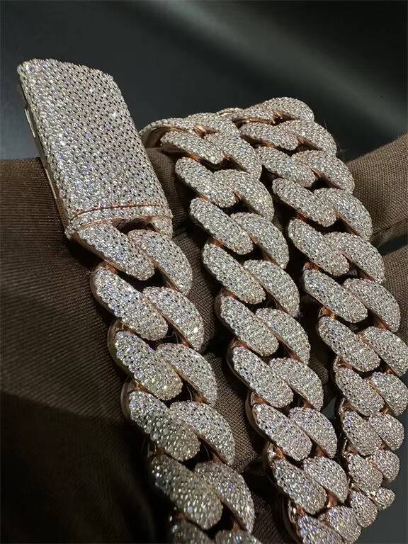 Direct Sales Luxury Vvs Moissanite 925 Sterling Silver Plated 18k Rose Gold Curling Iron Cuban Chain 16mm 22 Inches