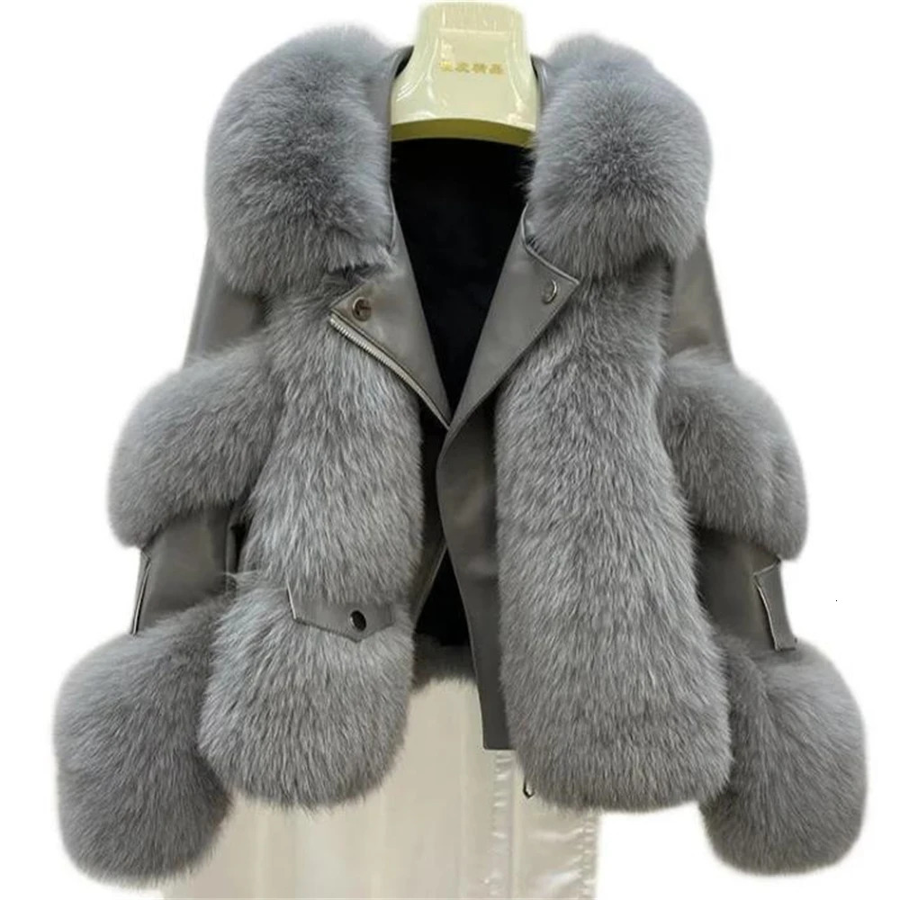 Women Winter Outerwear Tops Warm Short Fox Fur Coat Leather Full Fox Fur Motorcycle Jacket 250906