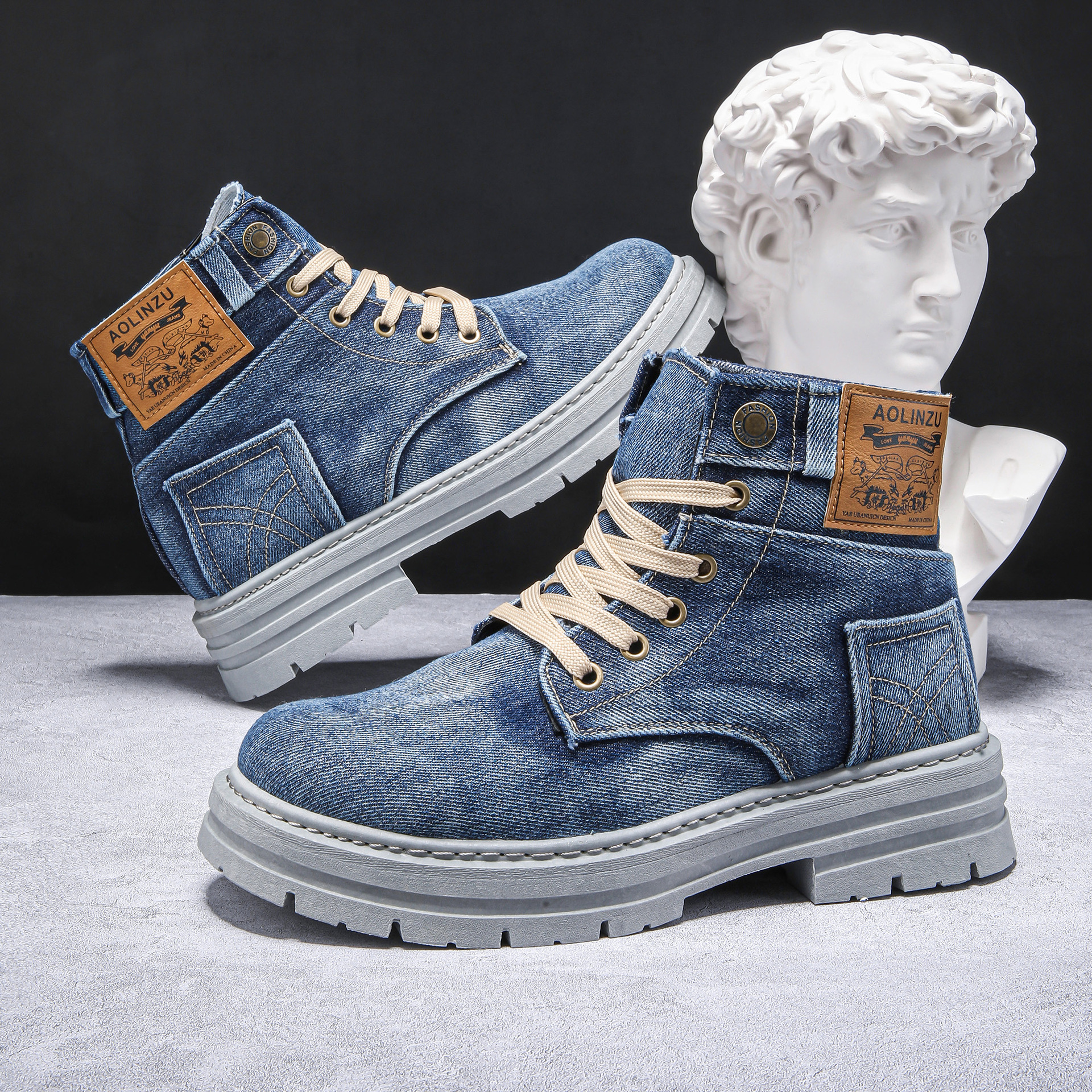Free shipping Fashionable casual versatile boots for men, high top board shoes, denim workwear Martin sneakers