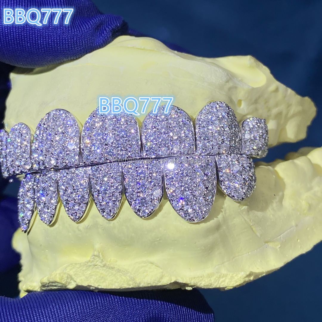 925 Sterling Silver Hip Hop Jewelry Honeycomb SettingTeeth Grillz With Custom Rich Ice Out Moissanite Diamond Grillz