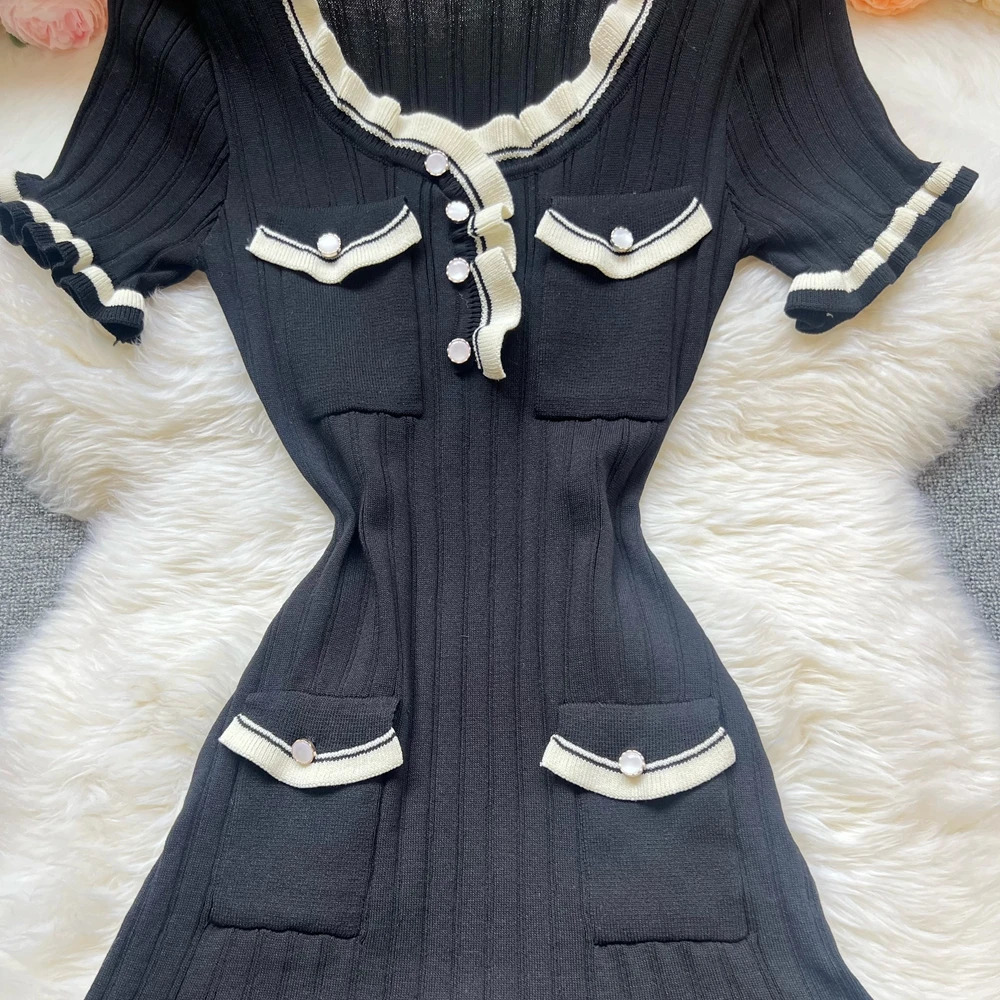YuooMuoo Chic Fashion Sexy Package Hips Knitted Mini Dress 2025 Summer Women Elegant Black Ruffled Party Dress Streetwear250920