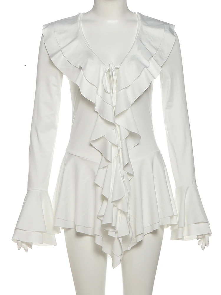 Sisterlinda Y2K Elegant Style Mini Dress Women Autumn Trend Ruffles Decoration VNeck Flared Sleeve Birthday Party Clothing 250906