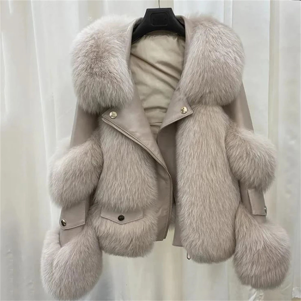 Women Winter Outerwear Tops Warm Short Fox Fur Coat Leather Full Fox Fur Motorcycle Jacket 250906