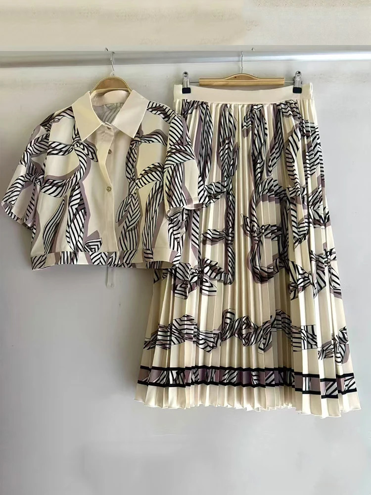 summer womens retro geometric print lapel straight short shirt twopiece set high waist loose pleated skirt fashion suit 250906
