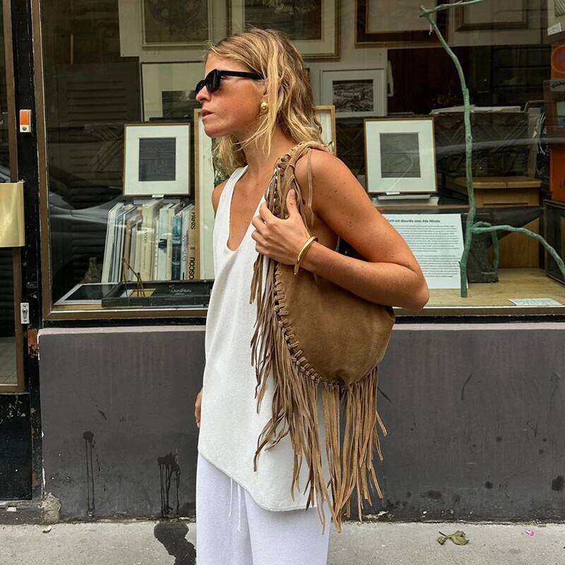 Bohemian Style Shoulder Women 2025 Trend High Quality Faux Suede Tassel Tote Bag Large Capacity Fashion Designer Female Bags