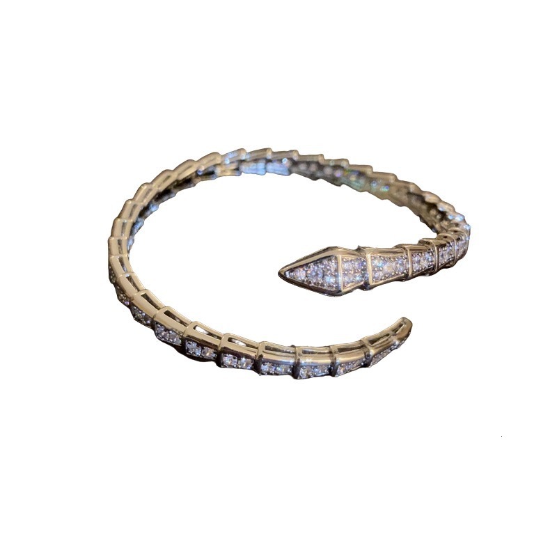 Luxury Brand Designer Jewelry Real Gold Plated Sweet Cool Style Snake Bone Bracelet For Women, Niche Design, Silver Color Full Zircon Snake Shape Adju