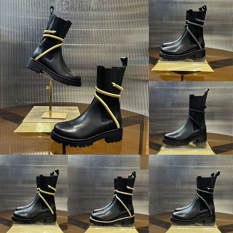 Rhinestone Snake Boots Women Genuine Leather Half Boots Luxury Designer Inspired Fashion Knight Style Short Heel Couture Boutique Top Quality Premium Footwear