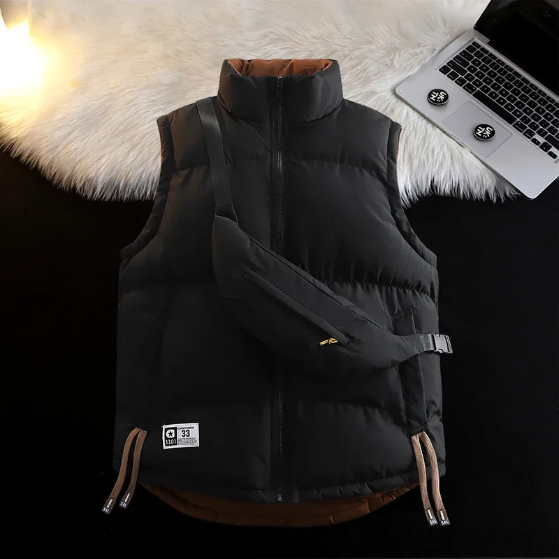 2025 Stand Collar Men Waistcoat Loose Reversible Warm Sleeveless Trendy Male Vest Fashion Solid Color Coats quality 250906