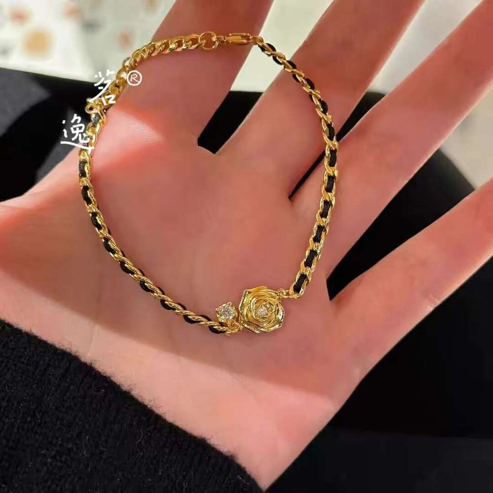 DHEssentials Nano Vacuum Coated Camellia Bracelet - Women's Luxury Black Gold Leather Cord Weave Court Style Accessory