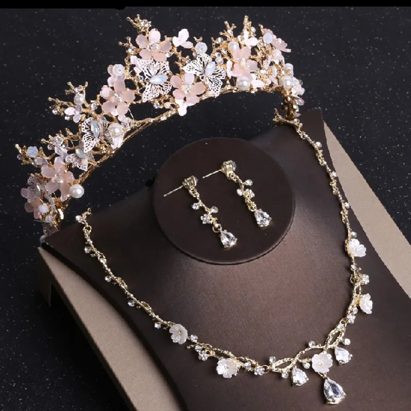 Baroque Gold Color Butterfly Crystal Costume Sets Rhinestone Choker Necklace Earrings Tiaras Crown Wedding Jewelry Set 250906 Z260313