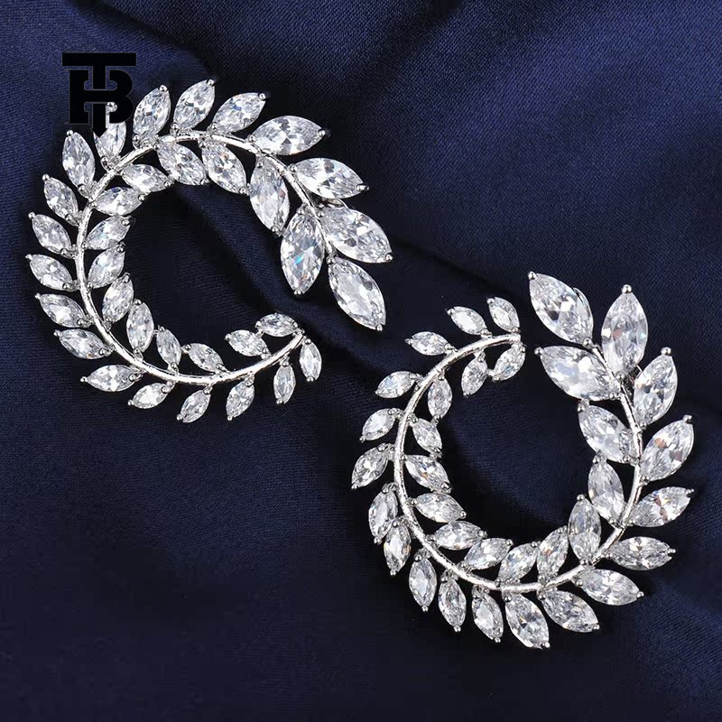 TB BHULAMTE Fashion Designer Creates Sparkling Zircon Olive Branch Shaped Luxury Women's Earrings Jewelry For Daily Wear Exquisite Elegant