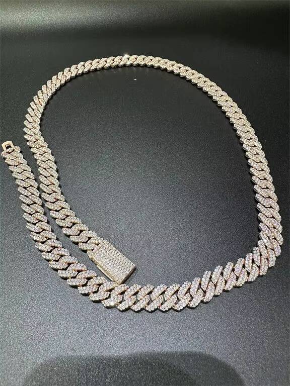 Merchant Direct Sales Vvs Moissanite 925 Pure Silver Plated With 18k Rose Gold Curling Iron Cuban Chain 10mm22 Inches