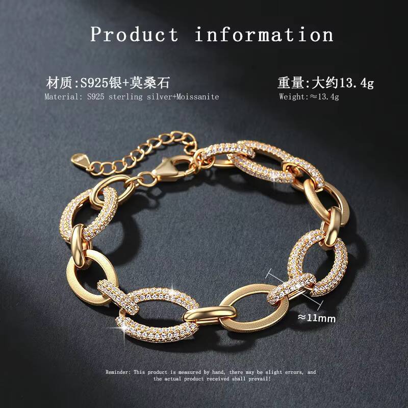 Punk Style Chain S925 Sterling Silver 14k Gold Plated Paper Clip Ring Inlaid Moissanite Bracelet for Women Jewelry Gift