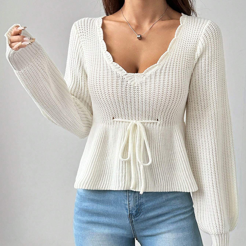 Designer Clothing Women's Lantern Sleeve Drawstring Knitted Sweater