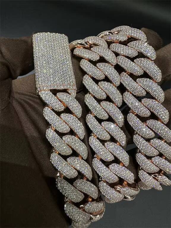 Hot Selling High End 925 Sterling Silver Plated 18k Rose Gold Curling Stone Cuban Chain 20mm22 Inches