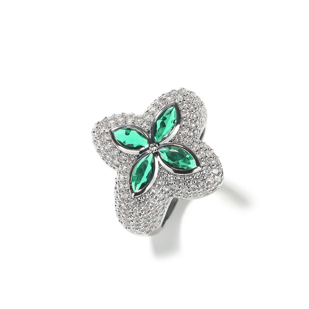 Luxury Brand Designer Jewelry European And American Clover-Shaped Zircon Ring High-End Niche Full Diamond Flower-Shaped Green Diamond Jewelry Ring Who