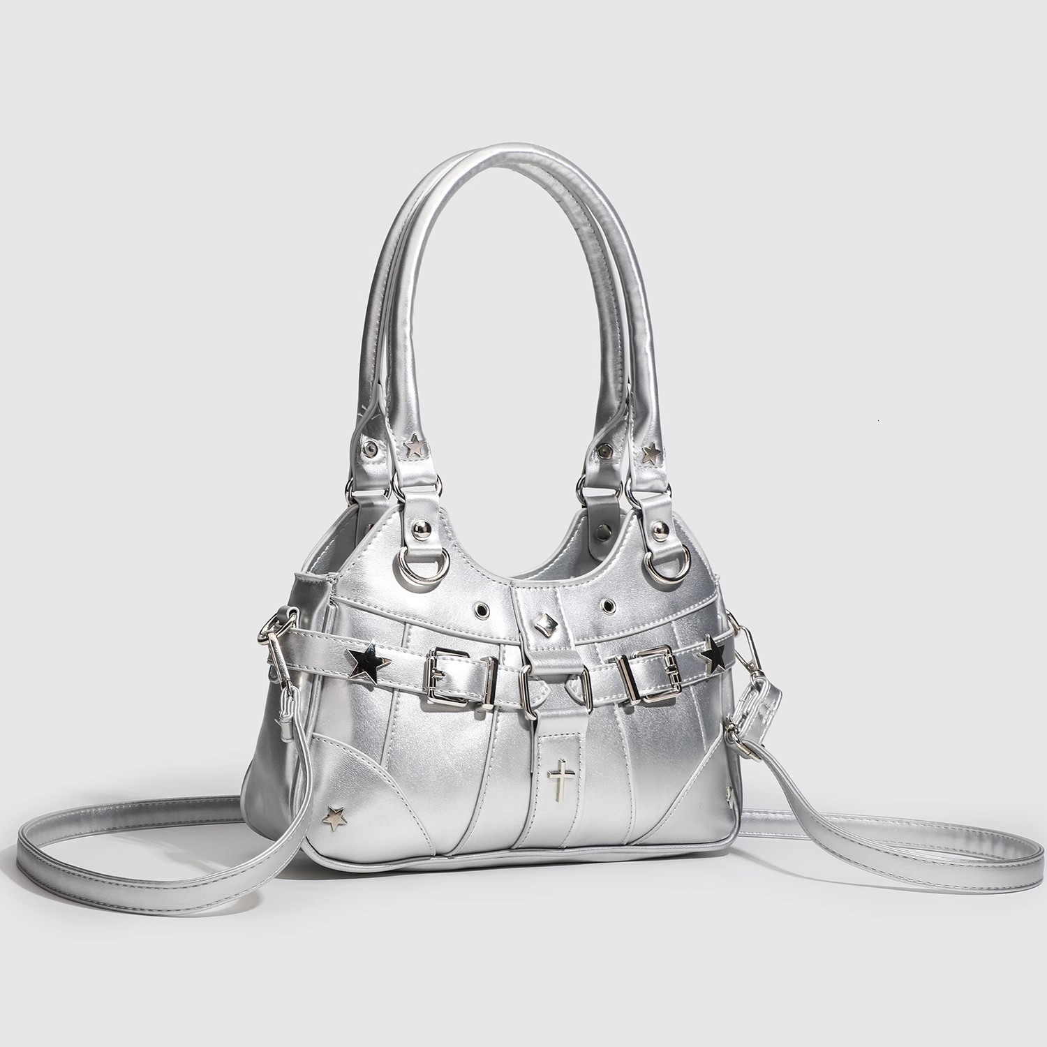 Women Single Shoulder Bag Rivet Belt Patchwork Underarm Bags Zipper Closure Armpit Bag Travel Chic Hobo Bag Ladies Armpit Purses 240724