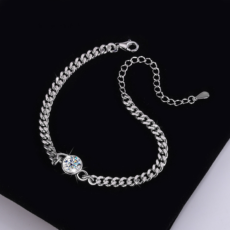 Stylish Personality S925 Sterling Silver Cuban Bracelet Light Luxury Simple Moissanite Bracelet for Women