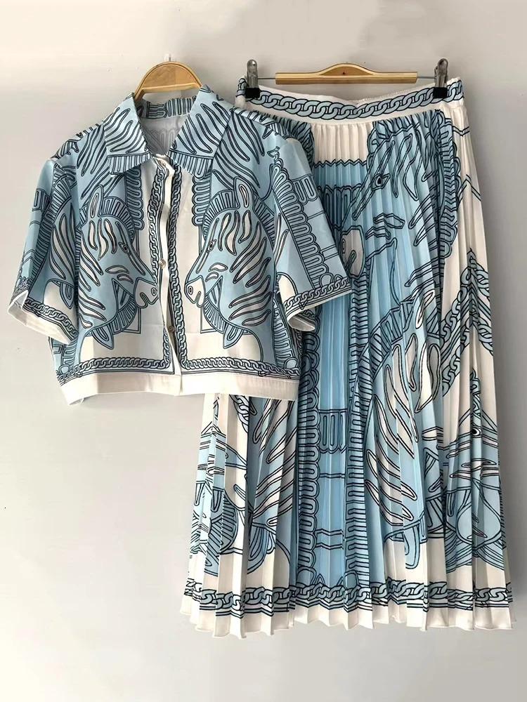 summer womens retro geometric print lapel straight short shirt twopiece set high waist loose pleated skirt fashion suit 250906