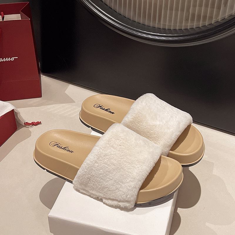 Gentle fairy style fur slippers for womens outdoor wea new autumn winter thick soled warm onepiece cotton slippers