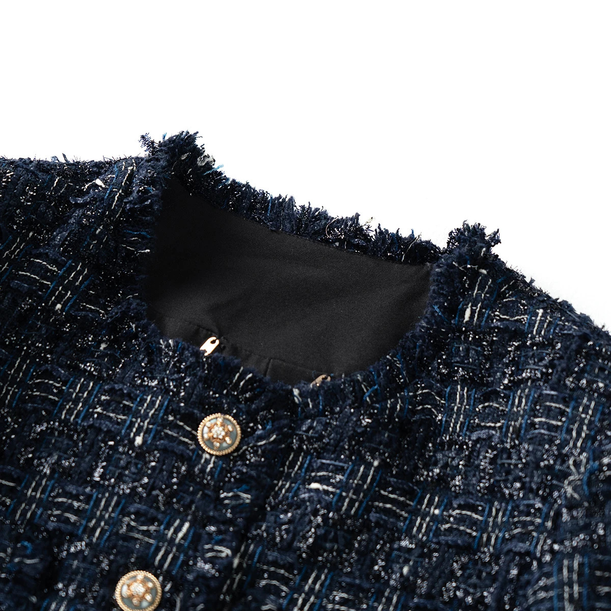 fashionable and elegant socialite small fragrant style round neck jacket with tassel contrasting color coarse tweed top 250906