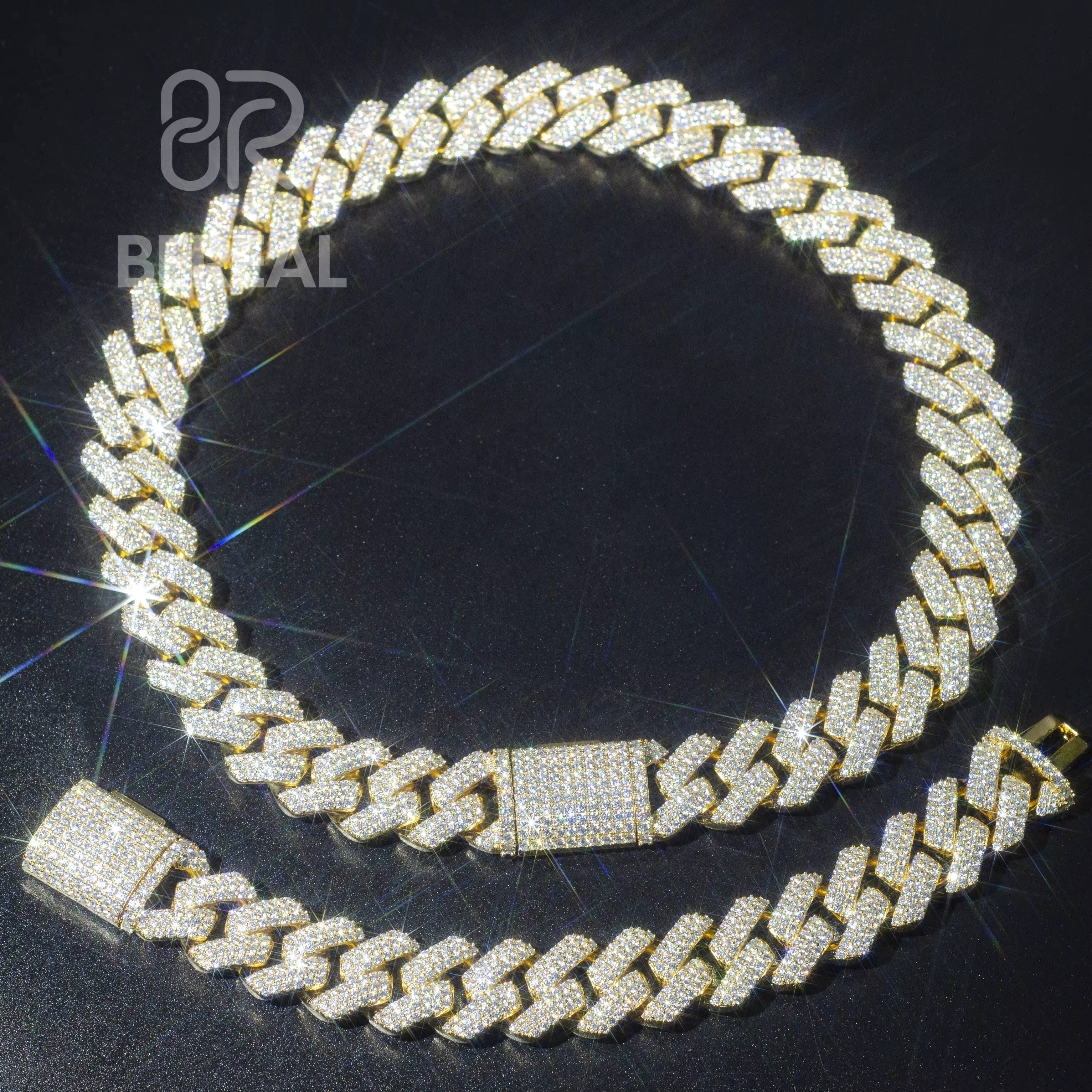 OEM Custom Hip Hop Necklace Iced Out 925 Silver Moissanite Cuban Chain Bracelet 18K 24K Gold Plated Chain for Men Jewelry