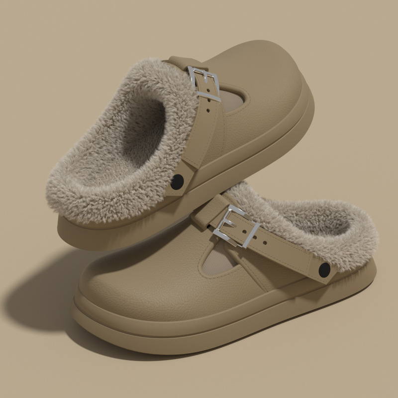Fashionable autumn winter thick soled plush buckle warm cotton slippers casual new womens shoes