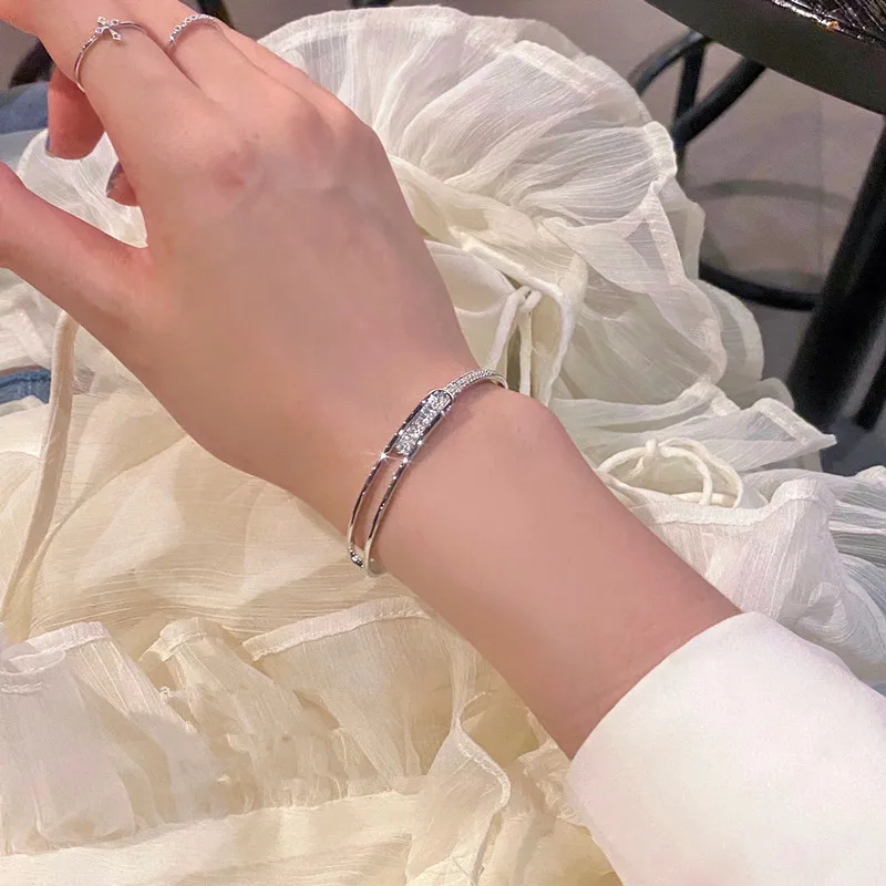 New 925 Sterling Silver Zirconia Inline Starry Sky Open Metal Bracelet niche and high-end geometric diamond bracelet Shiny Party Gift Fashion Women Je - view 4