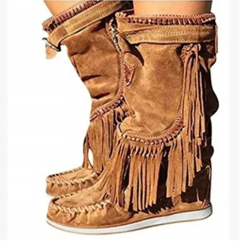 Pirate Boots Woman Pleated Tassel Midcalf Boots Womens Sewing Footwear Buckle Leather High Heels Shoes Female Plus Size Zip 250903