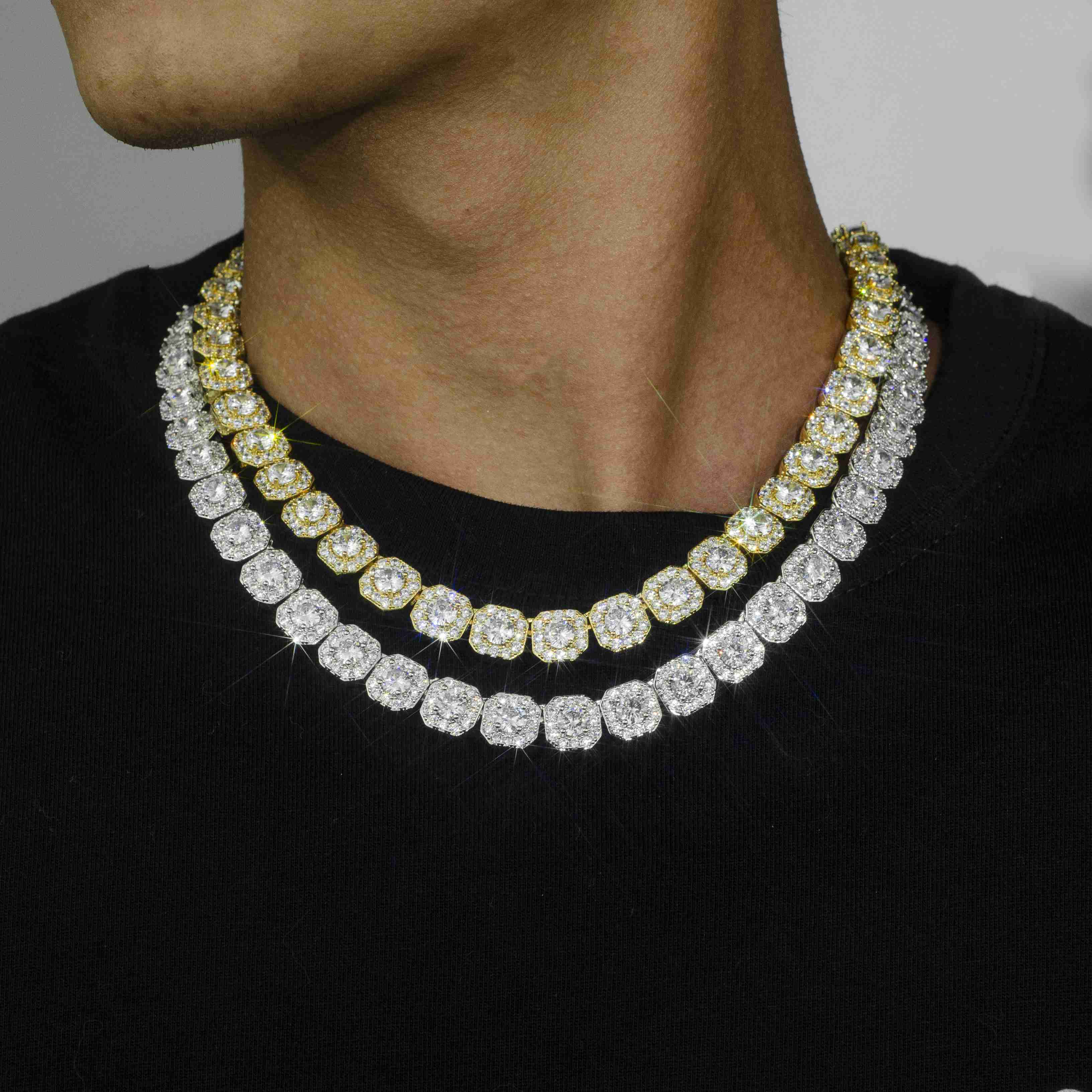 Factory High Quality Moissanite 10MM Square Micro Cluster Tennis Chain Necklace 925 Silver Mens Big Moissanite Tennis Chain