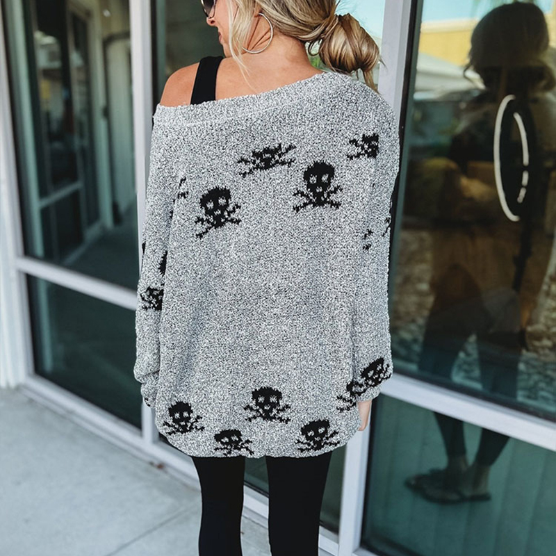 Women's Sweater Fashion Skull Pattern One Collar Loose Casual Versatile Knitted Sweater