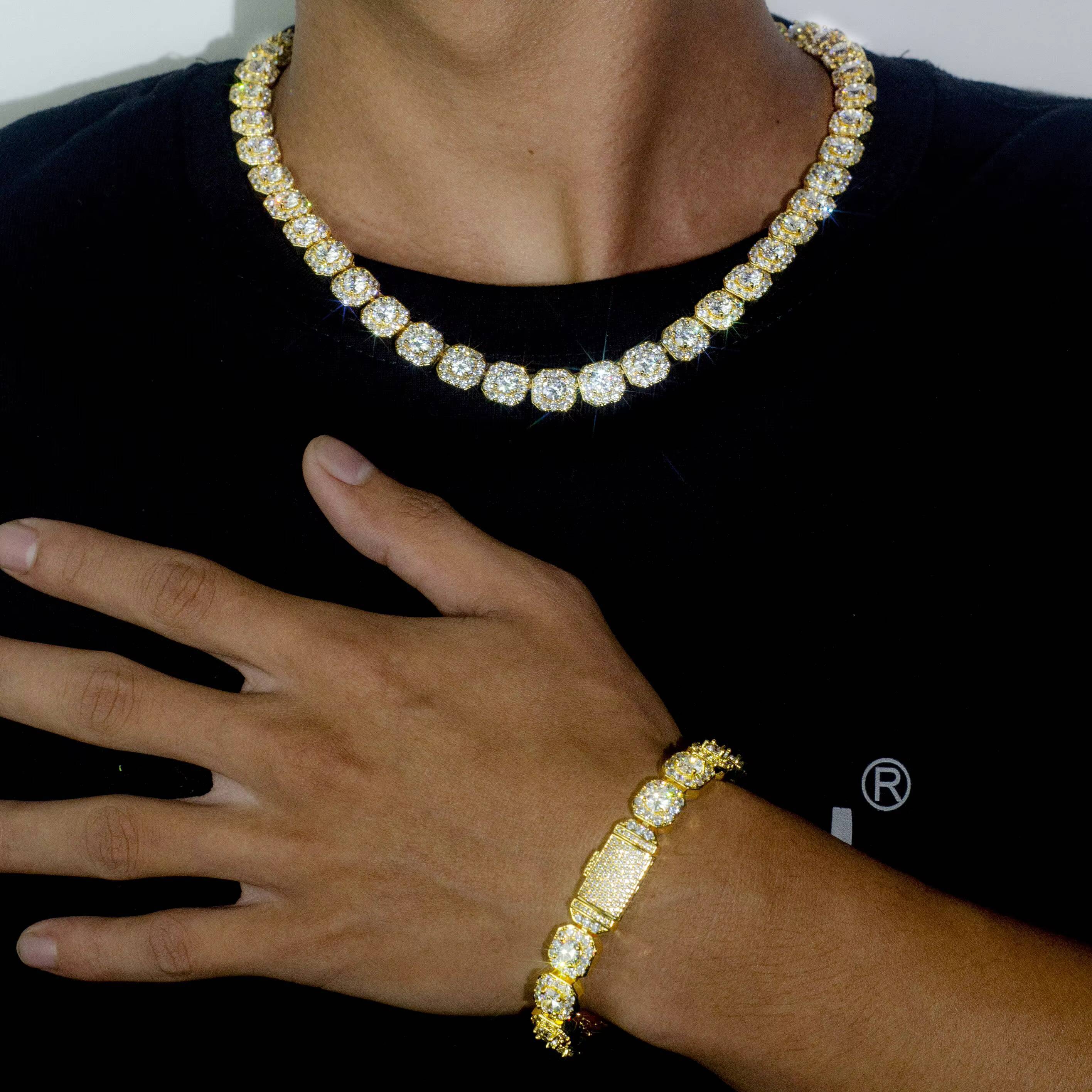 Factory High Quality Moissanite 10MM Square Micro Cluster Tennis Chain Necklace 925 Silver Mens Big Moissanite Tennis Chain