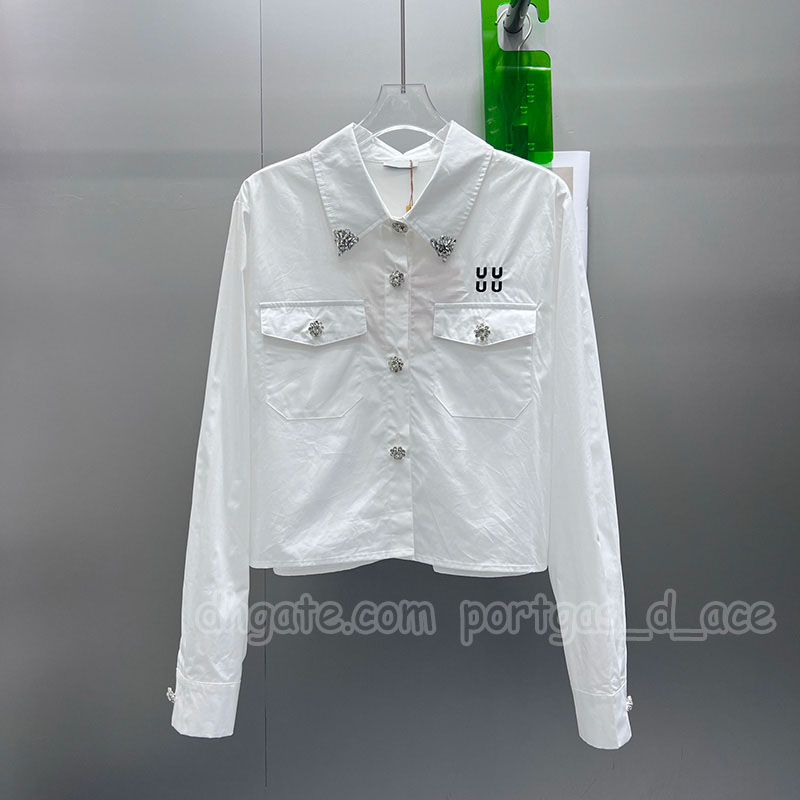 Designer Rhinestone Buttons White Blouse For Women Luxury Pocket Cropped Shirts Summer Ol Vacation Birthday Tops