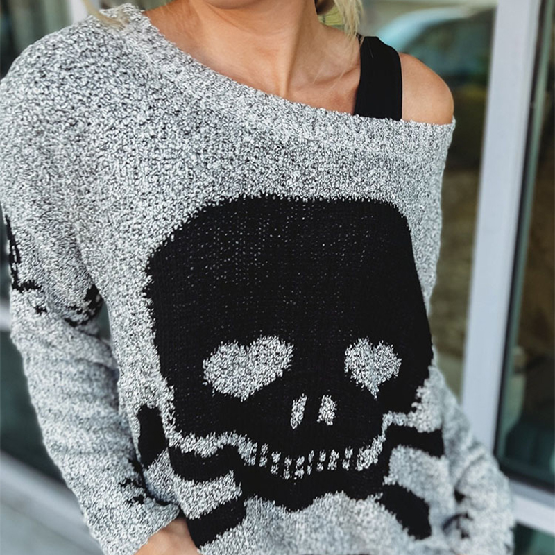 Women's Sweater Fashion Skull Pattern One Collar Loose Casual Versatile Knitted Sweater