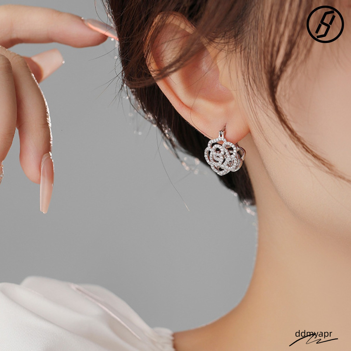 Double-Sided French Camellia Zircon High-End Craft Design Pearl Flowers Floral Earrings Designer Women Original Jewelry