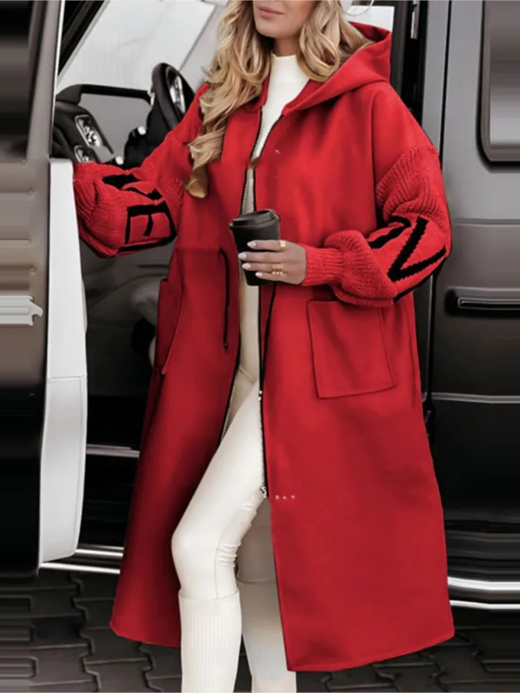 Fashion Hooded Long Sleeve Splicing Jacket For Women Elegant Autumn Winter Loose Casual Holiday Coats Female 250906