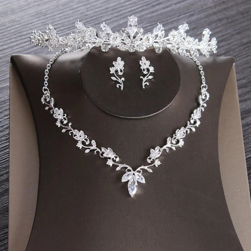 Deluxe Cubic Zirconia Leaf Bridal Jewelry Set Wedding Jewelry Set Rhinestone Crown Necklace Earrings 250906