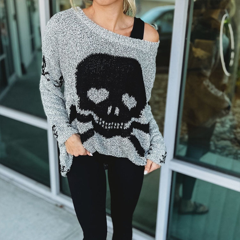 Women's Sweater Fashion Skull Pattern One Collar Loose Casual Versatile Knitted Sweater